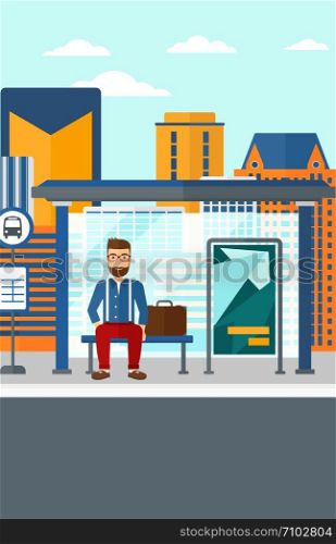 A hipster man with the beard waiting for a bus at a bus-stop on a city background vector flat design illustration. Vertical layout.. Man waiting for bus.