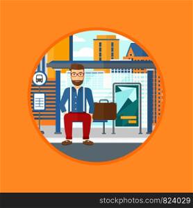 A hipster man with the beard waiting for a bus at a bus stop on a city background. Young man sitting at the bus stop. Vector flat design illustration in the circle isolated on background.. Man waiting for bus at the bus stop.