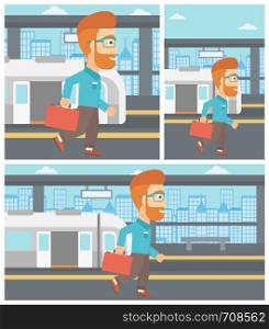 A hipster man with the beard walking on the train platform on the background of train with open doors. Vector flat design illustration. Square, horizontal, vertical layouts.. Man at the train station vector illustration.