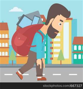 A hipster man with the beard walking with a big backpack full of different devices on a city background vector flat design illustration. Square layout.. Man with backpack full of devices.