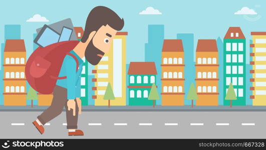 A hipster man with the beard walking with a big backpack full of different devices on a city background vector flat design illustration. Horizontal layout.. Man with backpack full of devices.