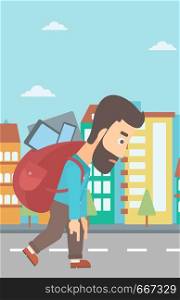 A hipster man with the beard walking with a big backpack full of different devices on a city background vector flat design illustration. Vertical layout.. Man with backpack full of devices.