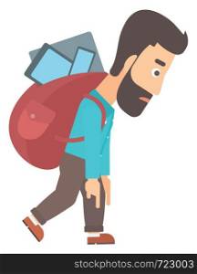 A hipster man with the beard walking with a big backpack full of different devices vector flat design illustration isolated on white background.. Man with backpack full of devices.