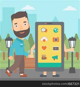 A hipster man with the beard walking with a big smartphone in the park vector flat design illustration. Square layout.. Man walking with smartphone.