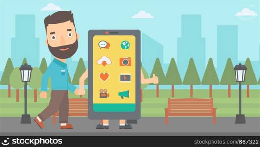 A hipster man with the beard walking with a big smartphone in the park vector flat design illustration. Horizontal layout.. Man walking with smartphone.