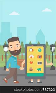 A hipster man with the beard walking with a big smartphone in the park vector flat design illustration. Vertical layout.. Man walking with smartphone.