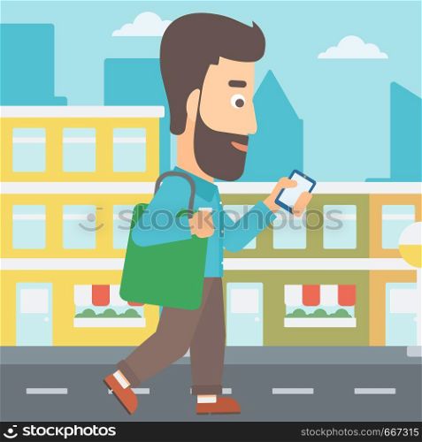 A hipster man with the beard walking with a smartphone on a city background vector flat design illustration. Square layout.. Man walking with smartphone.