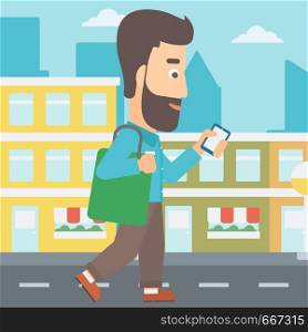 A hipster man with the beard walking with a smartphone on a city background vector flat design illustration. Square layout.. Man walking with smartphone.