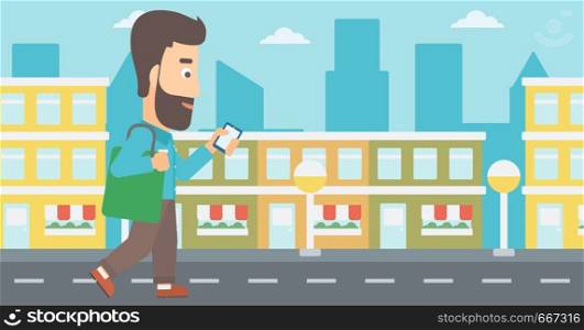 A hipster man with the beard walking with a smartphone on a city background vector flat design illustration. Horizontal layout.. Man walking with smartphone.