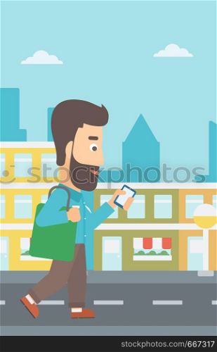 A hipster man with the beard walking with a smartphone on a city background vector flat design illustration. Vertical layout.. Man walking with smartphone.