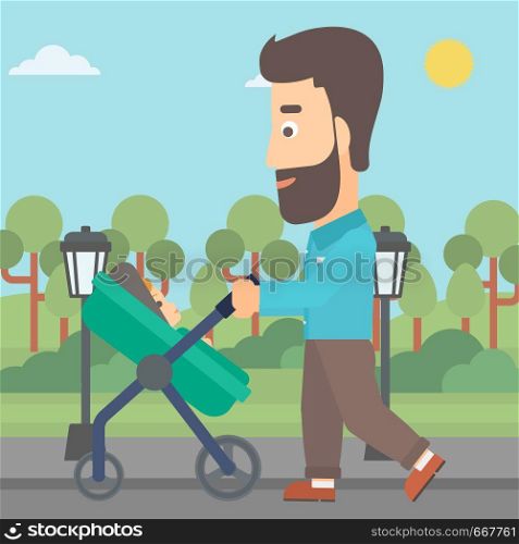 A hipster man with the beard walking with baby stroller in the park vector flat design illustration. Square layout.. Father pushing pram.