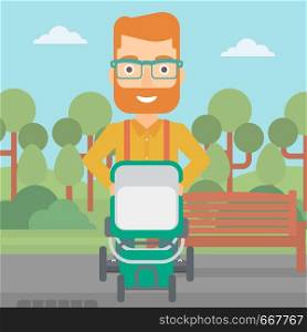 A hipster man with the beard walking with baby stroller in the park vector flat design illustration. Square layout.. Man pushing pram.