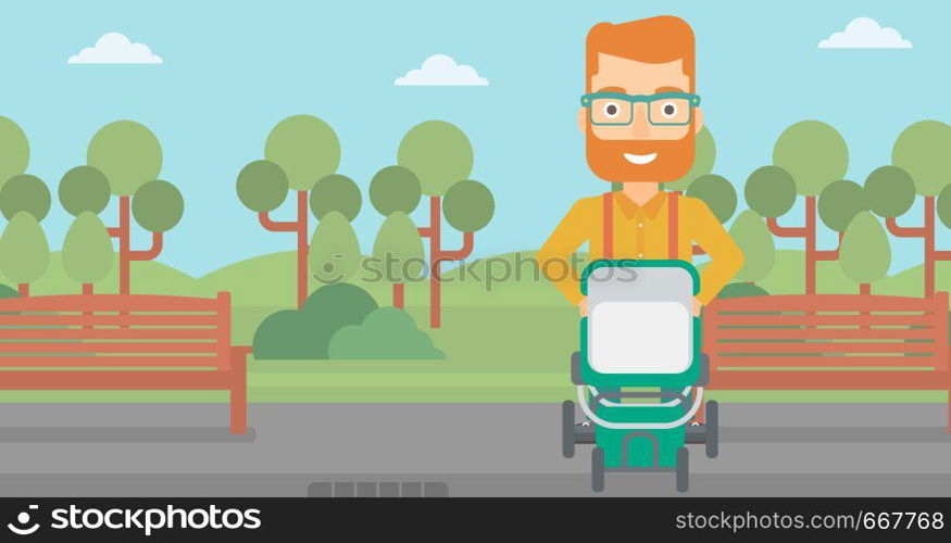 A hipster man with the beard walking with baby stroller in the park vector flat design illustration. Horizontal layout.. Man pushing pram.