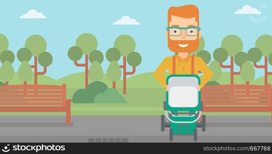 A hipster man with the beard walking with baby stroller in the park vector flat design illustration. Horizontal layout.. Man pushing pram.