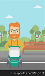 A hipster man with the beard walking with baby stroller in the park vector flat design illustration. Vertical layout.. Man pushing pram.