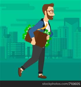 A hipster man with the beard walking with suitcase full of money on the background of modern city vector flat design illustration. Square layout.. Man with suitcase full of money.