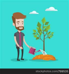 A hipster man with the beard watering tree. Young gardener with watering can. Concept of environmental protection. Vector flat design illustration. Square layout.. Man watering tree vector illustration.