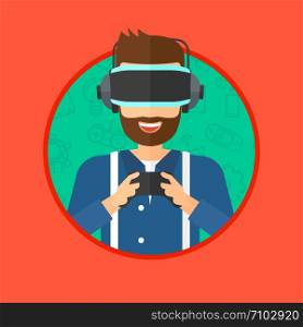 A hipster man with the beard wearing a virtual relaity headset. Young man playing video game with game controller in hands. Vector flat design illustration in the circle isolated on background.. Man wearing virtual reality headset.