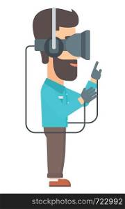 A hipster man with the beard wearing a virtual relaity headset vector flat design illustration isolated on white background.. Man wearing virtual reality headset.