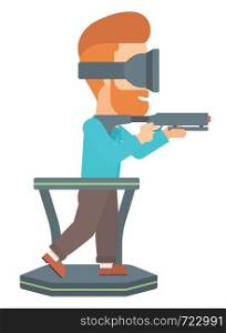 A hipster man with the beard wearing virtual reality headset and standing on a treadmill with a gun in hands vector flat design illustration isolated on white background.. Full virtual reality.
