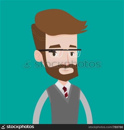 A hipster man with the beard wearing wearable computer with an optical head-mounted display. Young caucasian man wearing smart glasses. Vector flat design illustration. Square layout.. Young man wearing smart glass vector illustration.