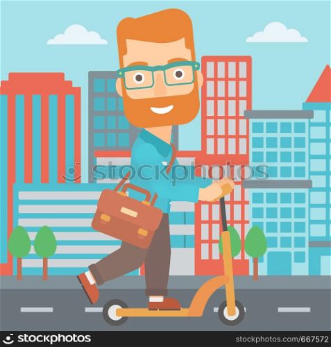 A hipster man with the beard with a briefcase riding to work on scooter on city background vector flat design illustration. Square layout.. Man riding on scooter.