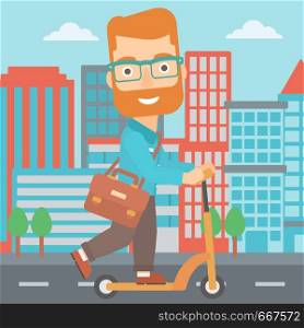 A hipster man with the beard with a briefcase riding to work on scooter on city background vector flat design illustration. Square layout.. Man riding on scooter.