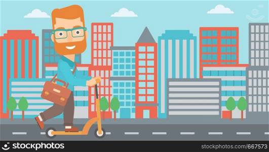 A hipster man with the beard with a briefcase riding to work on scooter on city background vector flat design illustration. Horizontal layout.. Man riding on scooter.