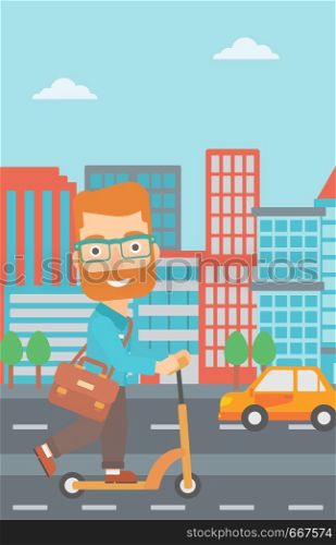 A hipster man with the beard with a briefcase riding to work on scooter on city background vector flat design illustration. Vertical layout.. Man riding on scooter.