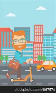 A hipster man with the beard with a briefcase riding to work on scooter on city background vector flat design illustration. Vertical layout.. Man riding on scooter.