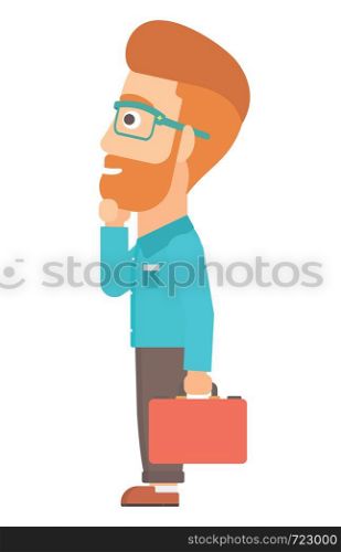 A hipster man with the beard with briefcase looking at departure board vector flat design illustration isolated on white background.. Man looking at departure board.