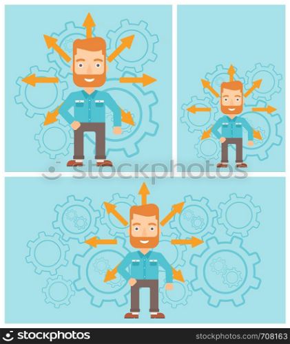 A hipster man with the beard with many arrows around his head standing on background with cogwheels. Concept of career choices. Vector flat design illustration. Square, horizontal, vertical layouts.. Man choosing career way.