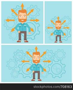 A hipster man with the beard with many arrows around his head standing on background with cogwheels. Concept of career choices. Vector flat design illustration. Square, horizontal, vertical layouts.. Man choosing career way.