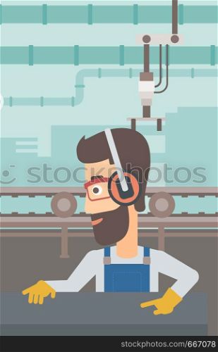 A hipster man with the beard working on a steel-rolling mill on the background of factory workshop with conveyor belt vector flat design illustration. Vertical layout. . Man working on steel-rolling mill.