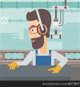A hipster man with the beard working on a steel-rolling mill on the background of factory workshop with conveyor belt vector flat design illustration. Square layout. . Man working on steel-rolling mill.