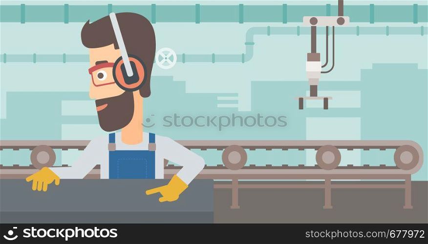 A hipster man with the beard working on a steel-rolling mill on the background of factory workshop with conveyor belt vector flat design illustration. Horizontal layout. . Man working on steel-rolling mill.
