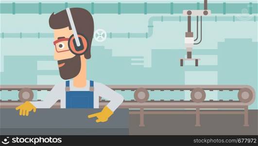 A hipster man with the beard working on a steel-rolling mill on the background of factory workshop with conveyor belt vector flat design illustration. Horizontal layout. . Man working on steel-rolling mill.