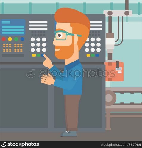 A hipster man with the beard working on control panel at factory workshop vector flat design illustration. Square layout.. Engineer standing near control panel.