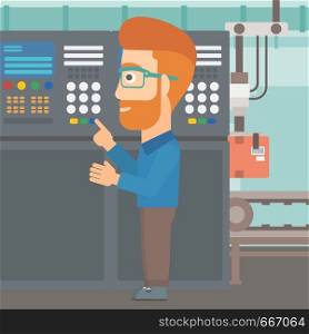 A hipster man with the beard working on control panel at factory workshop vector flat design illustration. Square layout.. Engineer standing near control panel.