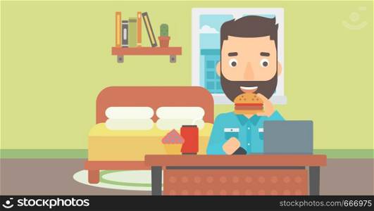 A hipster man with the beard working on laptop while eating junk food on the background of bedroom vector flat design illustration. Horizontal layout.. Man eating hamburger.