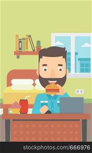 A hipster man with the beard working on laptop while eating junk food on the background of bedroom vector flat design illustration. Vertical layout.. Man eating hamburger.