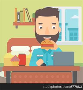 A hipster man with the beard working on laptop while eating junk food on the background of bedroom vector flat design illustration. Square layout.. Man eating hamburger.