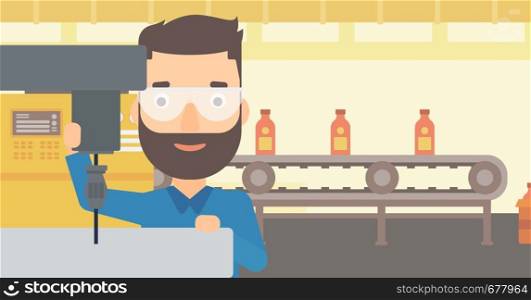 A hipster man with the beard working with a drilling machine on the background of factory workshop with conveyor belt vector flat design illustration. Horizontal layout.. Man working with boring mill.