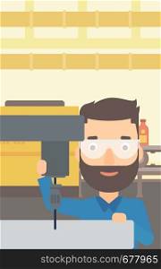 A hipster man with the beard working with a drilling machine on the background of factory workshop with conveyor belt vector flat design illustration. Vertical layout.. Man working with boring mill.