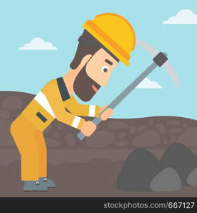 A hipster man with the beard working with a pickaxe on the background of coal mine vector flat design illustration. Square layout.. Miner working with pick.