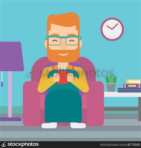 A hipster man with the beard wrapped into a plaid sitting in chair in living room and holding a cup of hot flavored tea vector flat design illustration. Square layout.. Man sitting in chair with cup of tea.