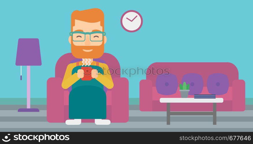 A hipster man with the beard wrapped into a plaid sitting in chair in living room and holding a cup of hot flavored tea vector flat design illustration. Horizontal layout.. Man sitting in chair with cup of tea.