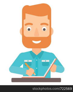 A hipster man with the beard writing an article in his writing-pad vector flat design illustration isolated on white background.. Reporter writing an article.