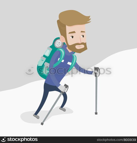 A hipster mountaneer with the beard climbing a snowy ridge. Young hiker climbing a mountain. Mountaineer with backpack walking up along a snowy ridge. Vector flat design illustration. Square layout.. Young mountaneer climbing a snowy ridge.