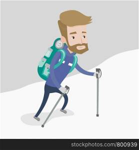 A hipster mountaneer with the beard climbing a snowy ridge. Young hiker climbing a mountain. Mountaineer with backpack walking up along a snowy ridge. Vector flat design illustration. Square layout.. Young mountaneer climbing a snowy ridge.